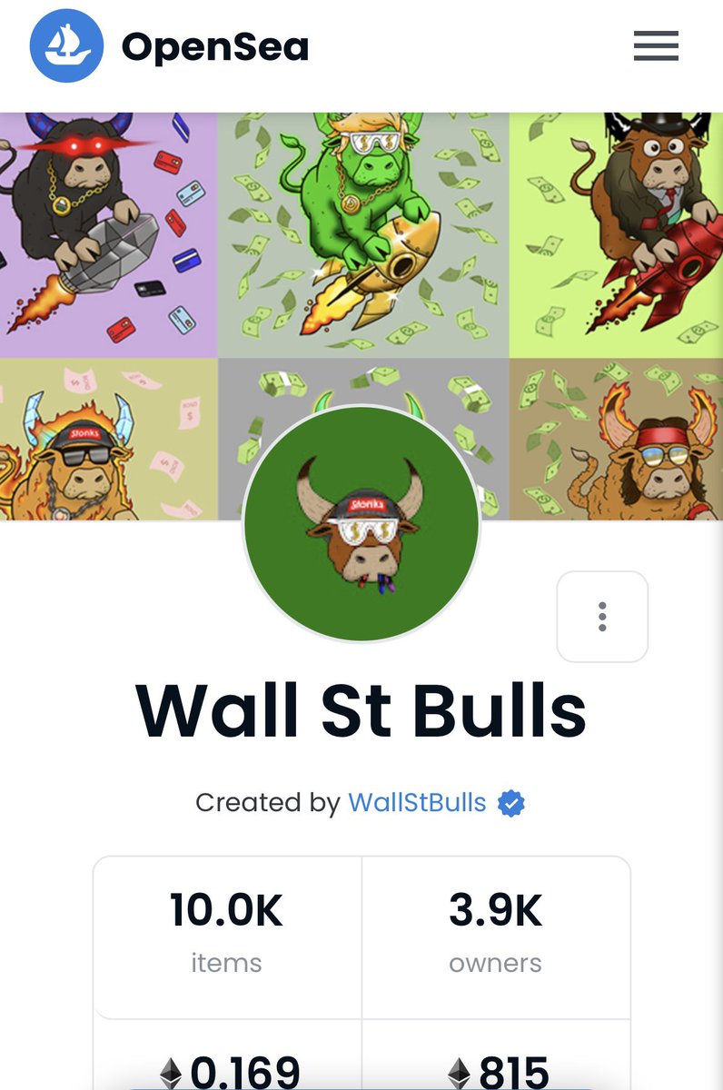 wallstmemes's tweet photo. THE WALL ST BULLS ARE VERIFIED ✅ Thank you @opensea https://t.co/x45pa7lOev