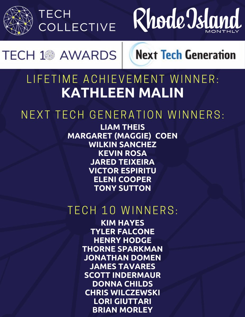 Tech_Collective's tweet image. We are excited to announce the winners of the Tech10, Next Tech Generation, and Lifetime Achievement Award. Please join us on December 1 at District Hall in Providence to offer your congratulations to our winners. Visit: lnkd.in/dG-65_r6 to register.
 @RIMonthly