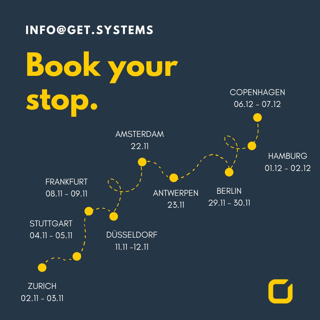 GlobalEventTech's tweet photo. We're on the road! GET is traveling throughout Europe from Nov 2 - Dec 7 on our yearly roadshow. We'll not only be introducing brand new innovations but also explaining our core products in-depth. Check out the details &amp; book your last minute slot! 

#globaleventtechnologies #GET https://t.co/4hNY1mYMmd