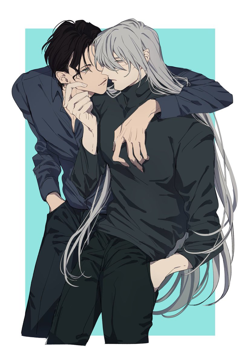 long hair shirt black hair imminent kiss grey hair black pants black shirt  illustration images