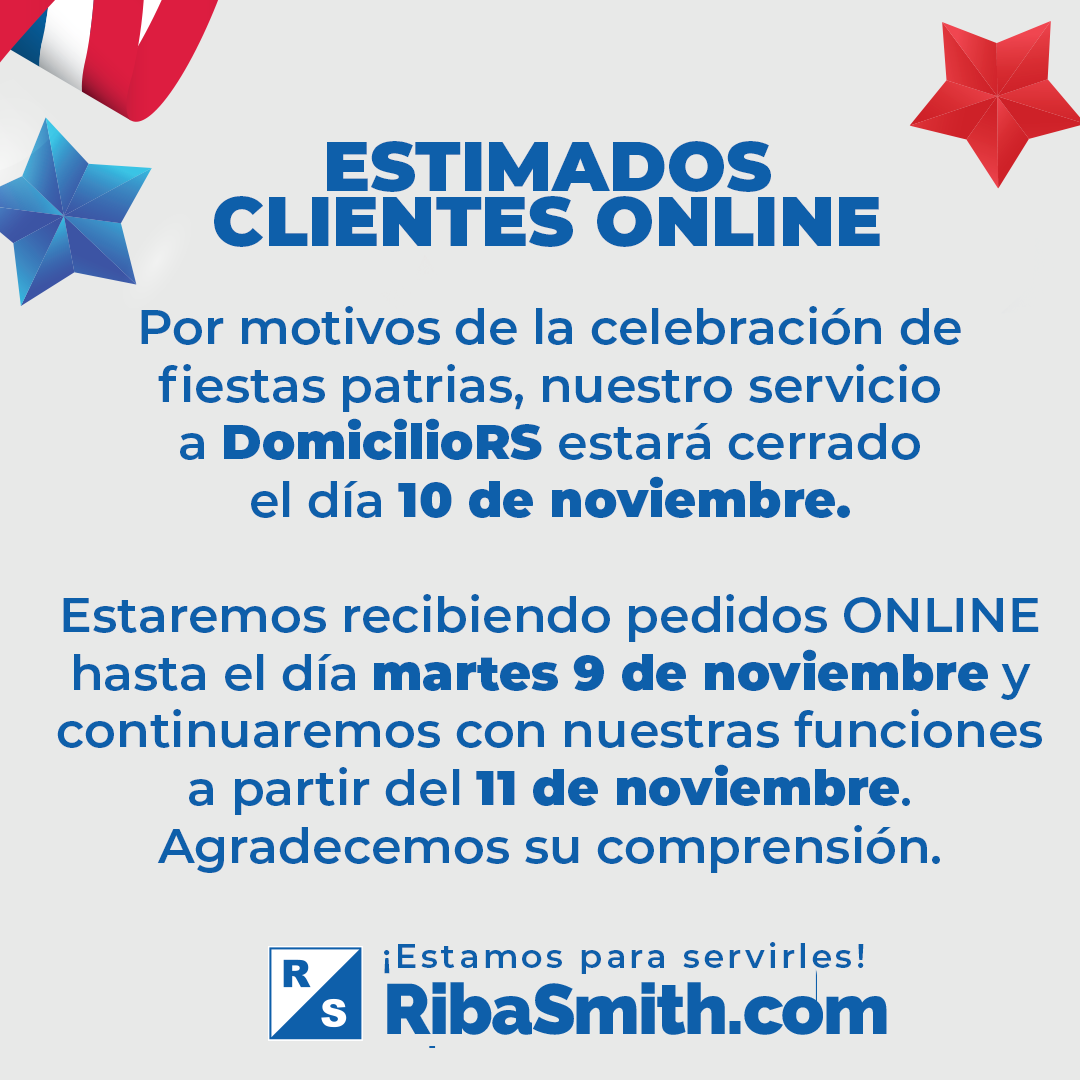 Riba_Smith's tweet photo. 🇵🇦#ComunicadoRS Estimados clientes de #DomicilioRS por motivos de las fiestas patrias, estaremos recibiendo pedidos vía Web, hasta el 9 de noviembre. Continuamos con nuestras funciones a partir del 11 de noviembre en horario regular. #EstamosparaServirles https://t.co/wjjCBA11vH