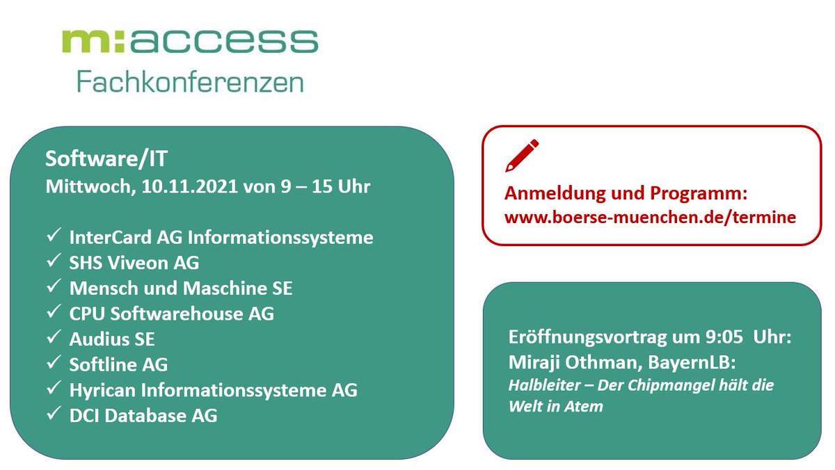 bayboerse's tweet photo. Für kurz Entschlossene: Morgen #Fachkonferenz #Software/IT mit acht interessanten #Unternehmen, einmal mehr online, einfach hier anmelden:
https://t.co/C3E1ArFAo1 https://t.co/4G6OZbJARw
