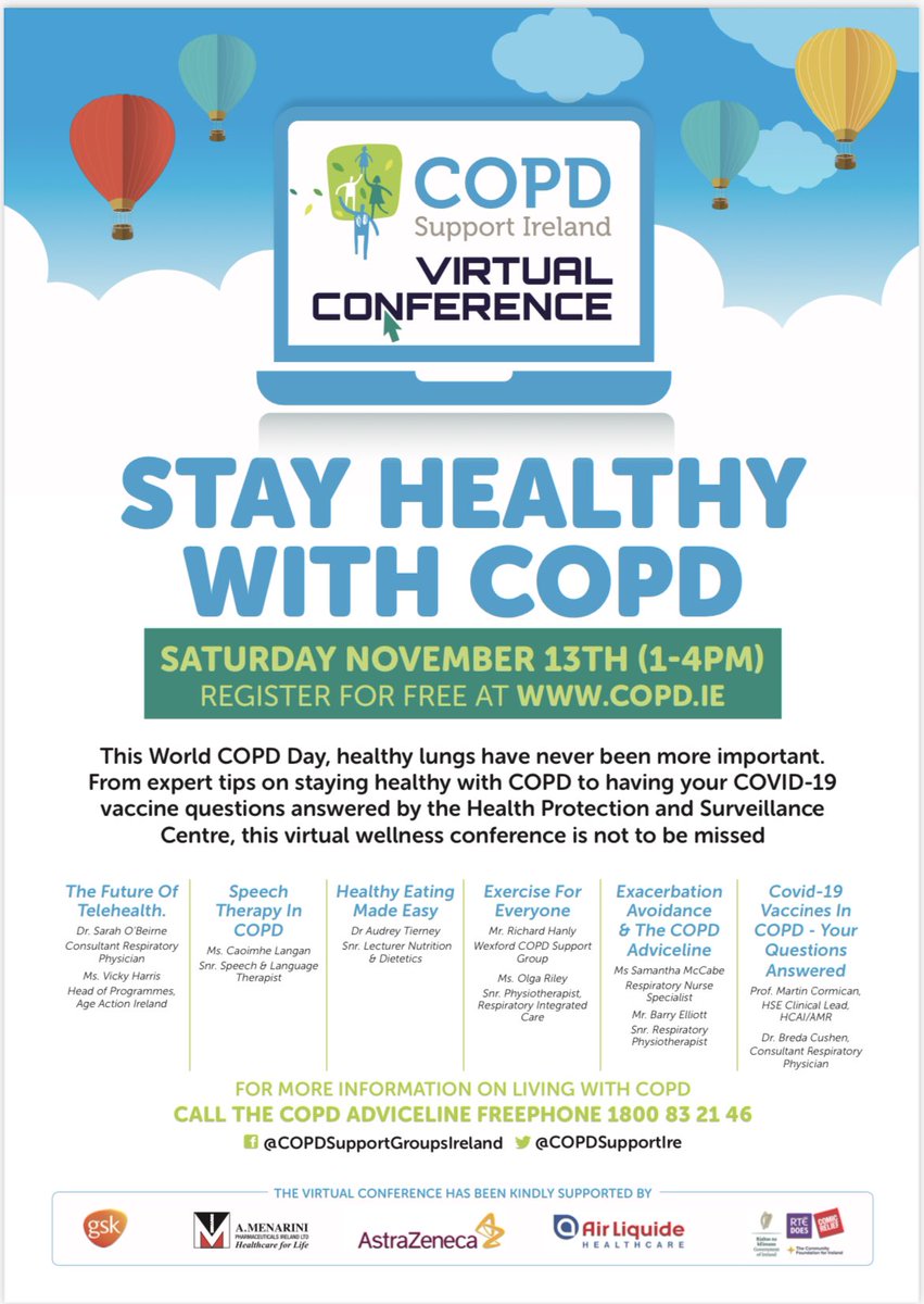 COPDSupportIre's tweet photo. Register now for this years virtual patient conference on Saturday 13th November at   https://t.co/DnrC9Atkxo #worldcopdday @GOLD_COPD @CommunityFound @NCPRespiratory1 @AsthmaIreland @Alpha1_Ireland @Anail_Ireland @CPRC_ISCP @_ISCP_ https://t.co/KVDcxJBSVW