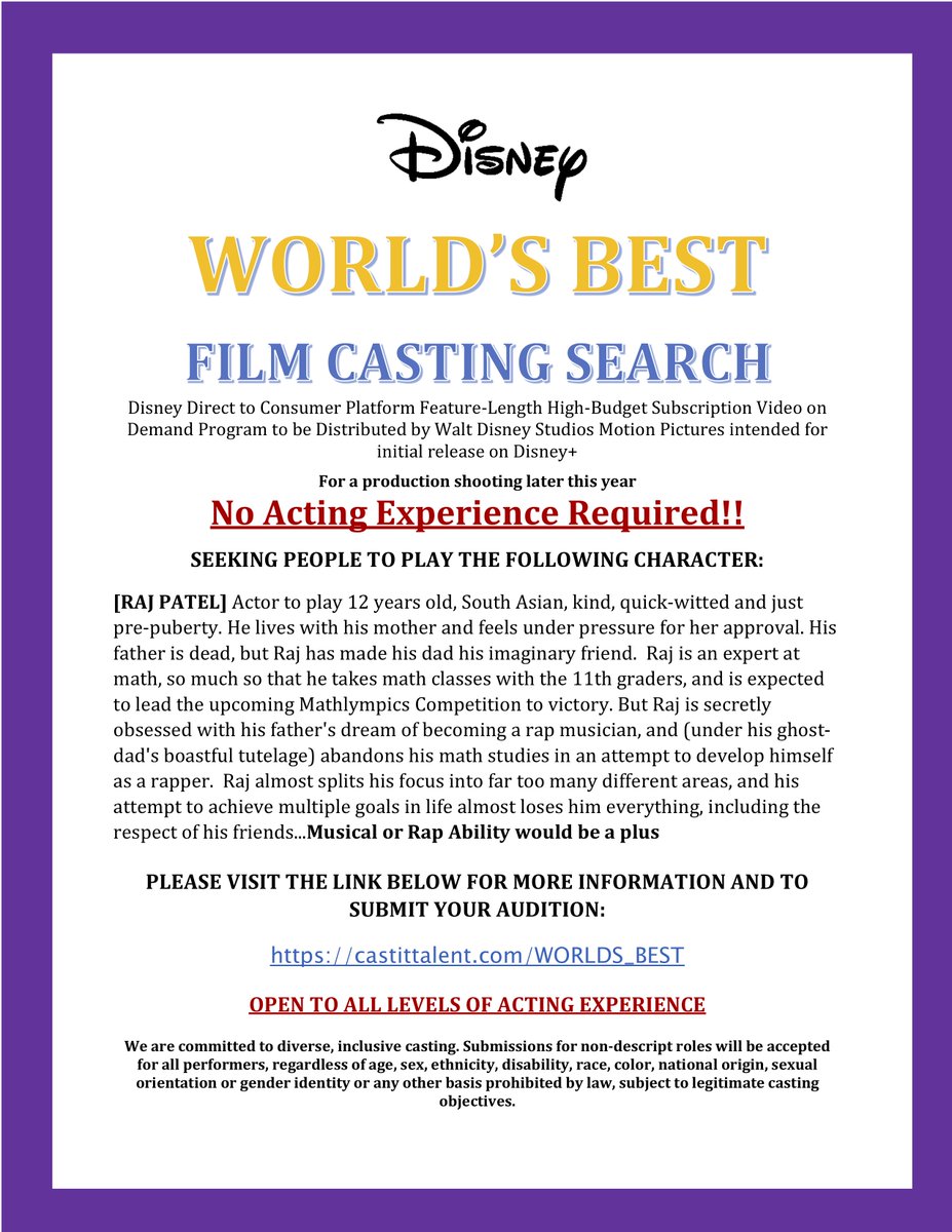 CastingNetworks's tweet photo. Disney Feature Casting has launched a worldwide #talentsearch for a role in an upcoming #Disney  #featurefilm! 

Learn more and submit here: https://t.co/SPvGSijDST https://t.co/wdWUFAtEma