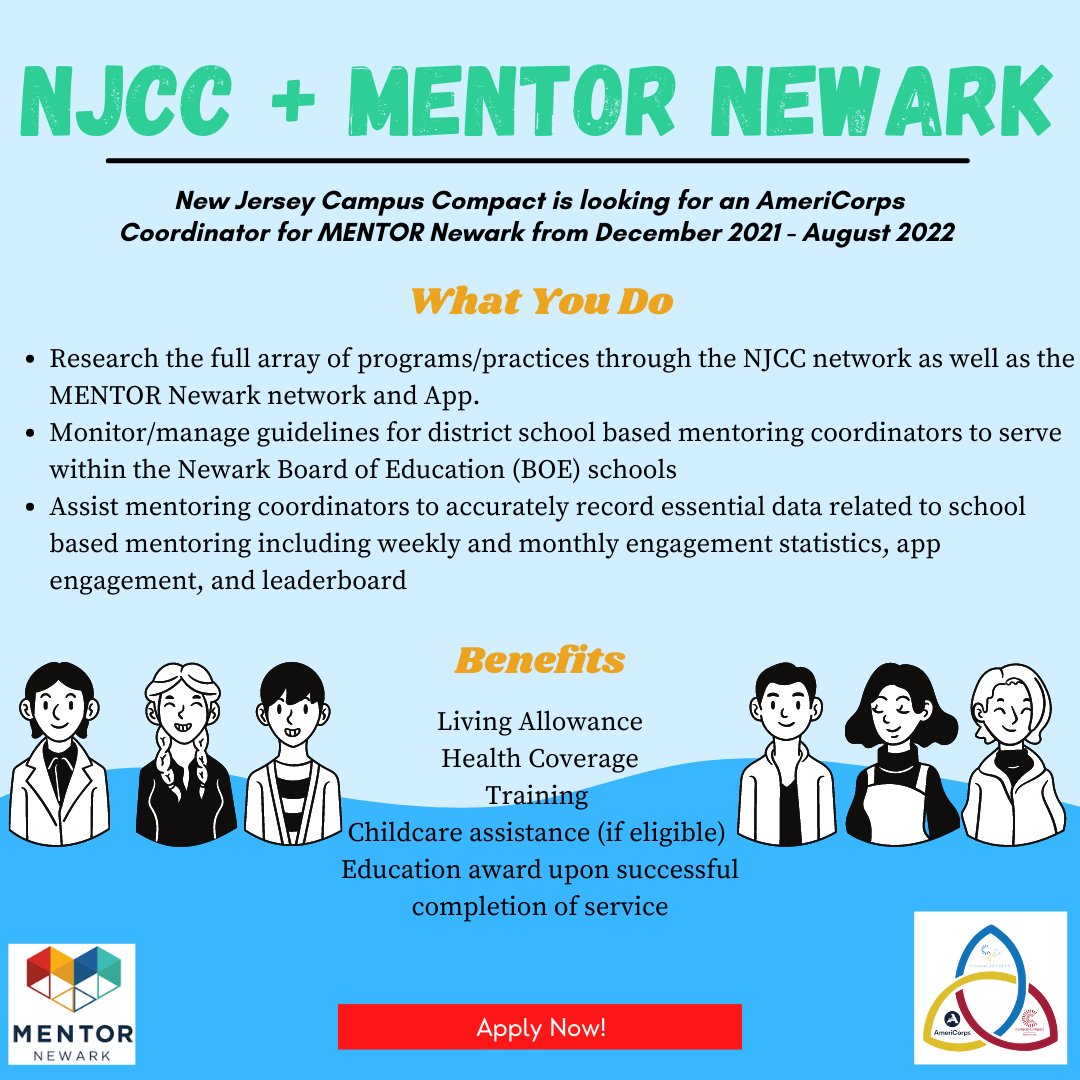 Engage_NJ's tweet image. New Jersey Campus Compact is looking for an AmeriCorps Coordinator for MENTOR Newark from December 2021- August 2022.

Apply Now!
my.americorps.gov/mp/listing/vie…

#campuscompact #njcampuscompact #engagenj #newjersey #volunteernj #mentornewark #newark