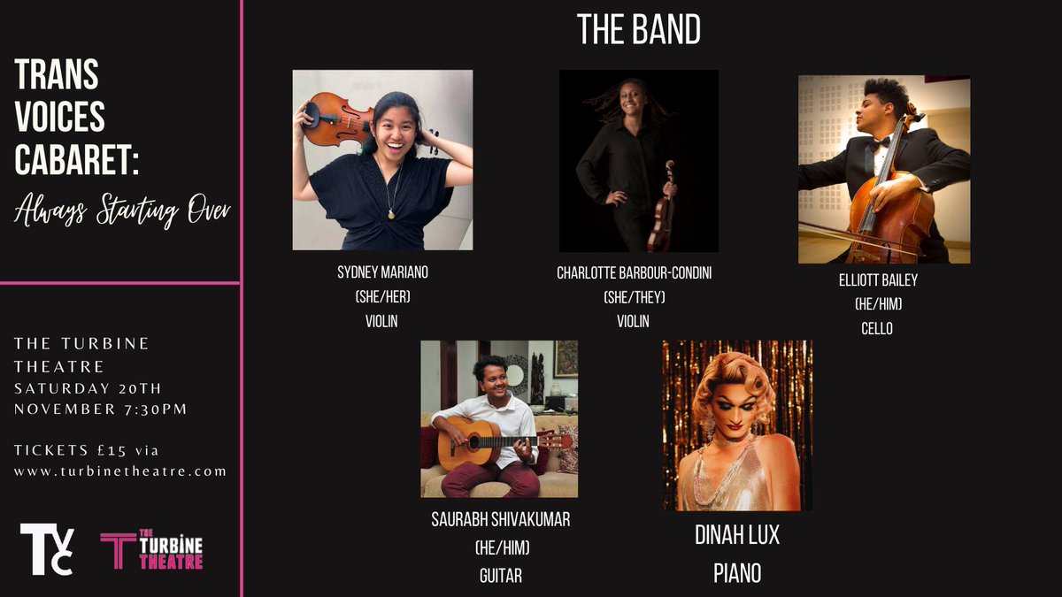 True Voices Company (@tvc_ldn) on Twitter photo We have a band!!! Violins: Sydney Mariano, Charlotte Barbour-Condini, Cello: Elliott Bailey, Guitar: <a href="/sauferrari/">Saurabh Shivakumar</a> , Piano: Dinah Lux - we are so excited to have these incredible musicians joining us. Book your tickets: theturbinetheatre.com/whats-on/trans⦠We have a band!!! Violins: Sydney Mariano, Charlotte Barbour-Condini, Cello: Elliott Bailey, Guitar: <a href="/sauferrari/">Saurabh Shivakumar</a> , Piano: Dinah Lux - we are so excited to have these incredible musicians joining us. Book your tickets: theturbinetheatre.com/whats-on/transā¦