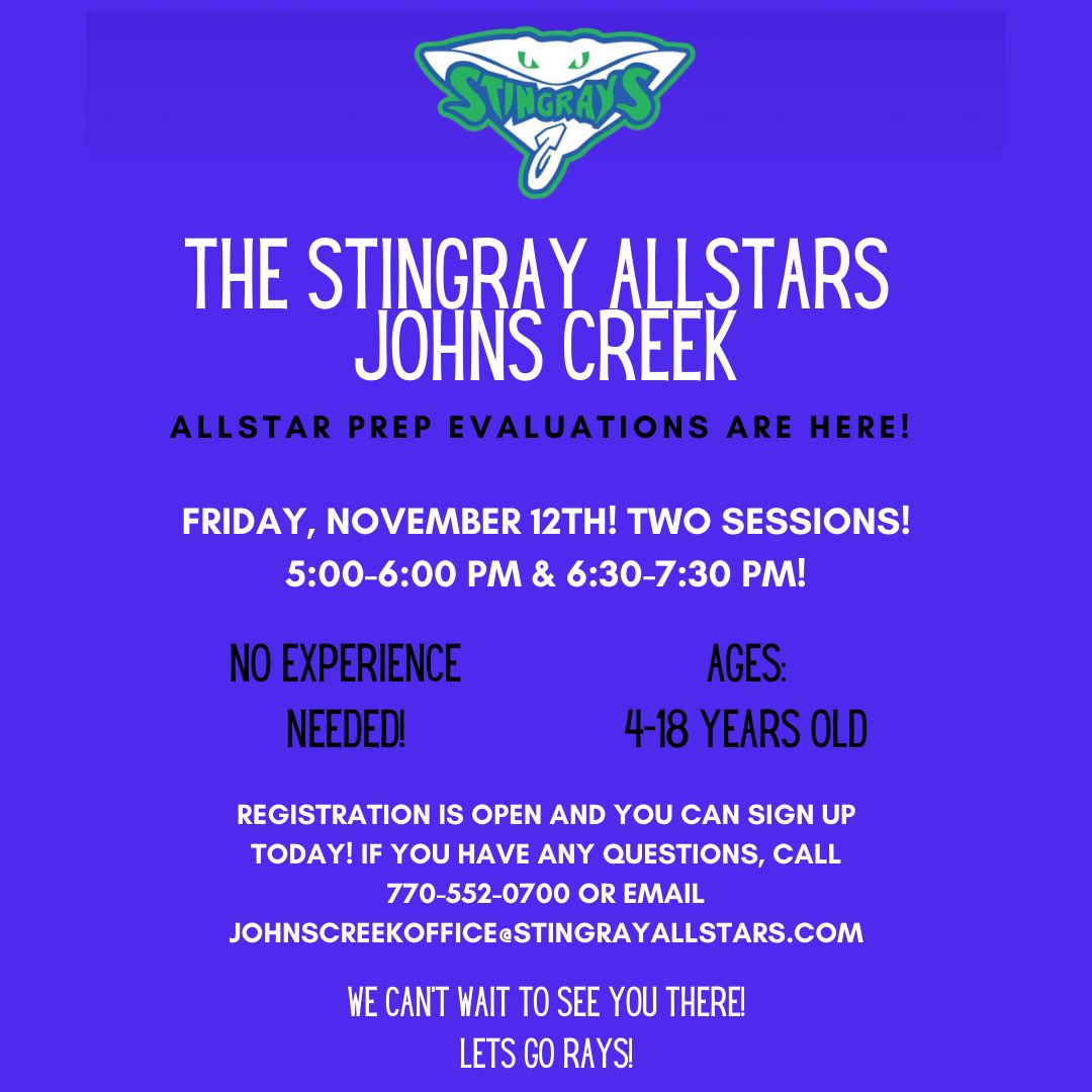 IT’S ALMOST HERE! Allstar Prep evaluations this Friday!

Visit Johnscreek.stingrayallstars.com for more information and registration.