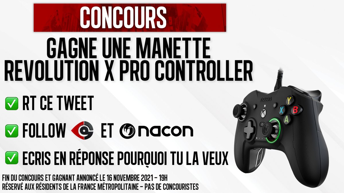 CoDQG_'s tweet photo. 🍀 CONCOURS 🍀

Gagne une manette Revolution X Pro ! 
🔄RT
✅ Follow @CoDQG_ &amp; @NaconFR
🎮Dis pourquoi tu la veux

TAS le 16 nov 2021 - 19h. https://t.co/ecsb8rfT4z
