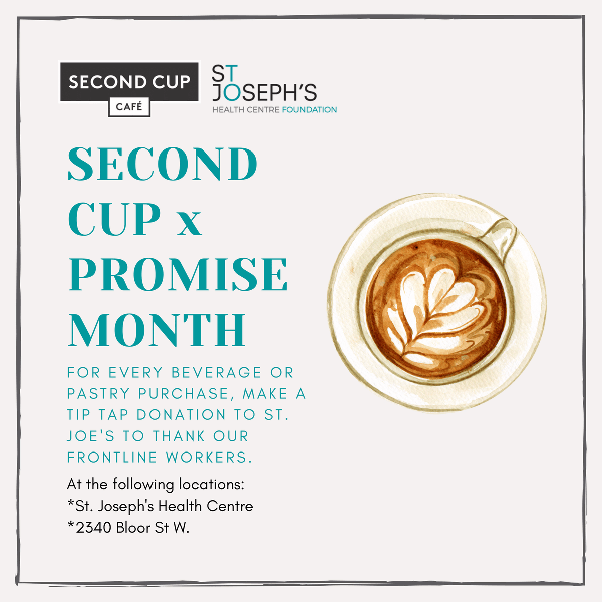 StJoesFdnTO's tweet photo. This #PromiseMonth, you can make a tip tap donation at your next @SecondCupCafe trip to thank our frontline healthcare teams for all they do!

St. Joe's has kept its Promise to our west-end community for 100 years and it would not be possible without your help. #Promise100 https://t.co/zIevgsdOL9