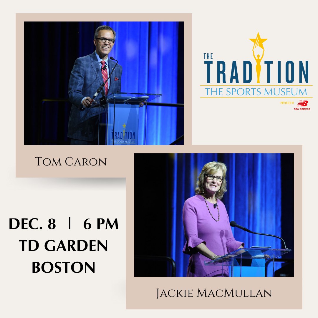 TheSportsMuseum's tweet photo. Jackie MacMullan and Tom Caron are back to host the 20th Annual Tradition Gala!! Get your tickets today to see Jackie and @TomCaron talk with @davidortiz, #KevinMcHale, @AngelaRuggiero, @TaylorTwellman, #MikeMilbury, and #BenCoates - it will be a night you won't forget! https://t.co/h1A2XCqDAn