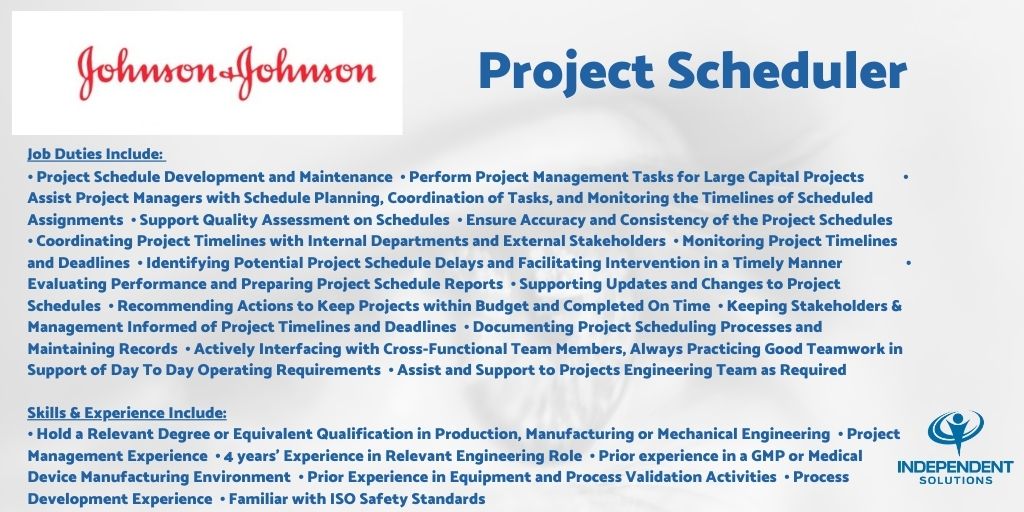 IndependentSol4's tweet image. Limerick J&amp;amp;J Vision Care Role: Project Scheduler
Duties: Project Schedule Development and Maintenance, etc.
Skills: 4 years’ experience in relevant engineering role, etc.
Details &amp;gt; independentsolutions.ie/job-opportunit…
#JobFairy #Pharma #ProjectScheduler #Limerick