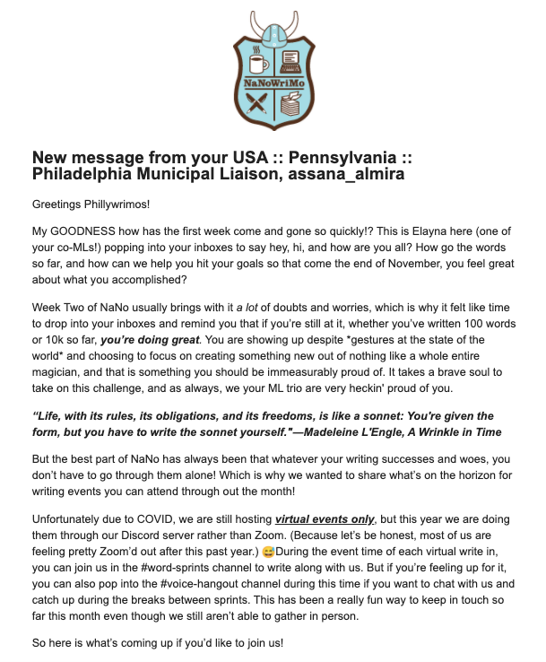 PhillyWrimos's tweet photo. New update/pep talk just dropped. 😎🤗

Visit our regional page at https://t.co/XeU1Cela6o for links to all of the upcoming virtual write ins &amp; to join us on Discord! We hope everyone's having a great #NaNoWriMo. 🥰

Tell us, how's your writing progress so far? 👀 https://t.co/xddiPjfm0e