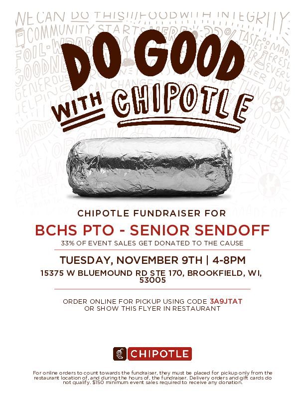 bchs_pto's tweet image. Support Senior Send Off by dining at Chipotle tonight! Show the flyer on your phone or use the code below to order online &amp;amp; pick up. Thank you!!