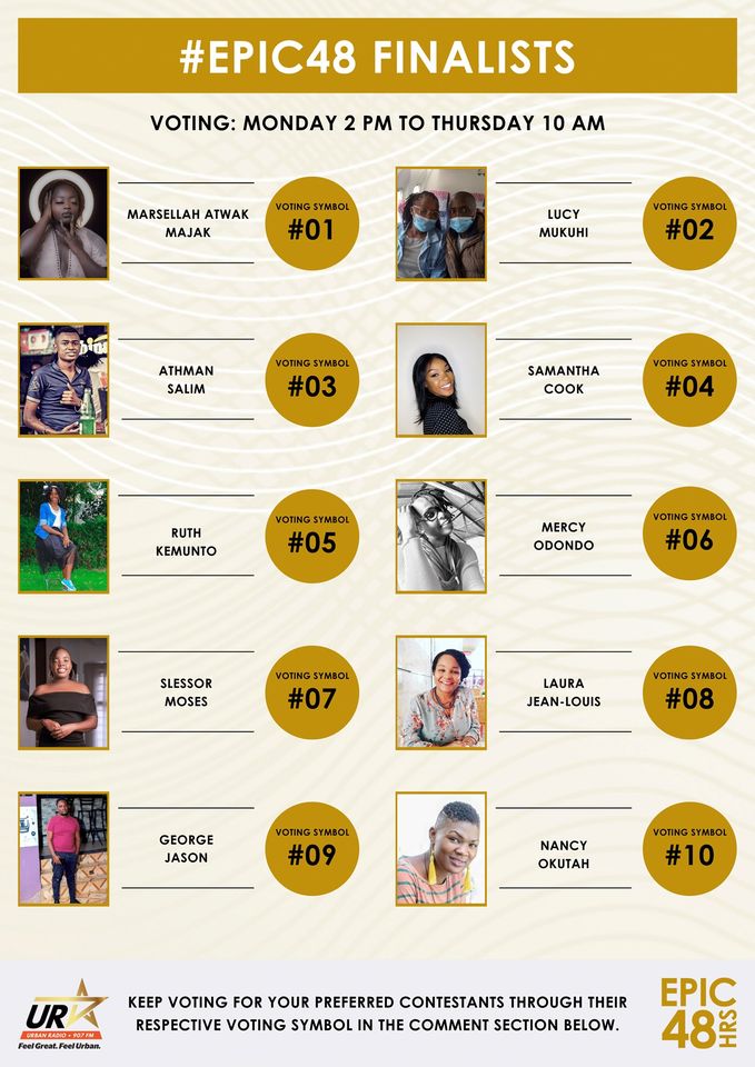 #epic48hours
#URBANRADIO 90.7 fm
Vote vote 
#EPIC48 final 10 with urban radio 90.7 FM
Use the Facebook link 
#10 for Nancy
#08 for Laura 

facebook.com/17909223229043…