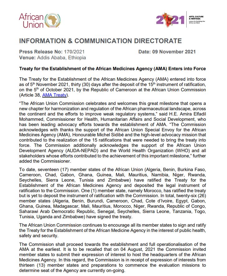 Treaty for the Establishment of the African Medicines Agency (AMA) Enters into Force
The African Union Commission celebrates and welcomes this great milestone that opens a new chapter for harmonization and regulation of the African pharmaceutical landscape, across the continent