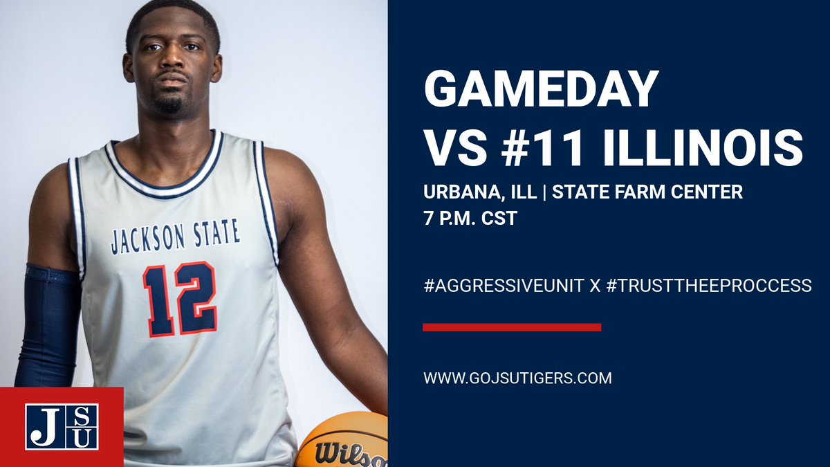 GoJSUTigers's tweet photo. Jackson State men's basketball season opener!!
π| #11 Illinois
π| Urbana, Ill.
ποΈ| State Farm Center
π| 7 p.m. CST
π| https://t.co/PSjxmfKZv0
πΊ| https://t.co/NocploNdn6
ποΈ| https://t.co/VuYcmUjW4v
#AgressiveUnit x #TrustTheeProcess x #TheeILove x #BleedTheeBlue https://t.co/a7oFAti7OE