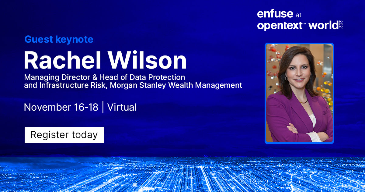 NewSecurityNews's tweet photo. Join us as we discuss all things #cybersecurity with Rachel Wilson, Managing Director, Head of Data Protection and Infrastructure Risk, Morgan Stanley Wealth Management at #Enfuse at #OpenTextWorld. 
Register today: https://t.co/Cn4lJ6btoI https://t.co/C8F3PVg8O1