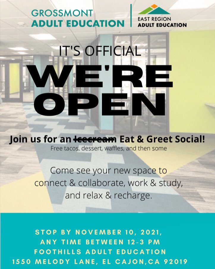 Join us tomorrow! Check out the new facilities, get some snacks, find study buddies and more! Wednesday from 12-3 at Foothills.
#adulted #adulteducation #adultedworks #erae2021