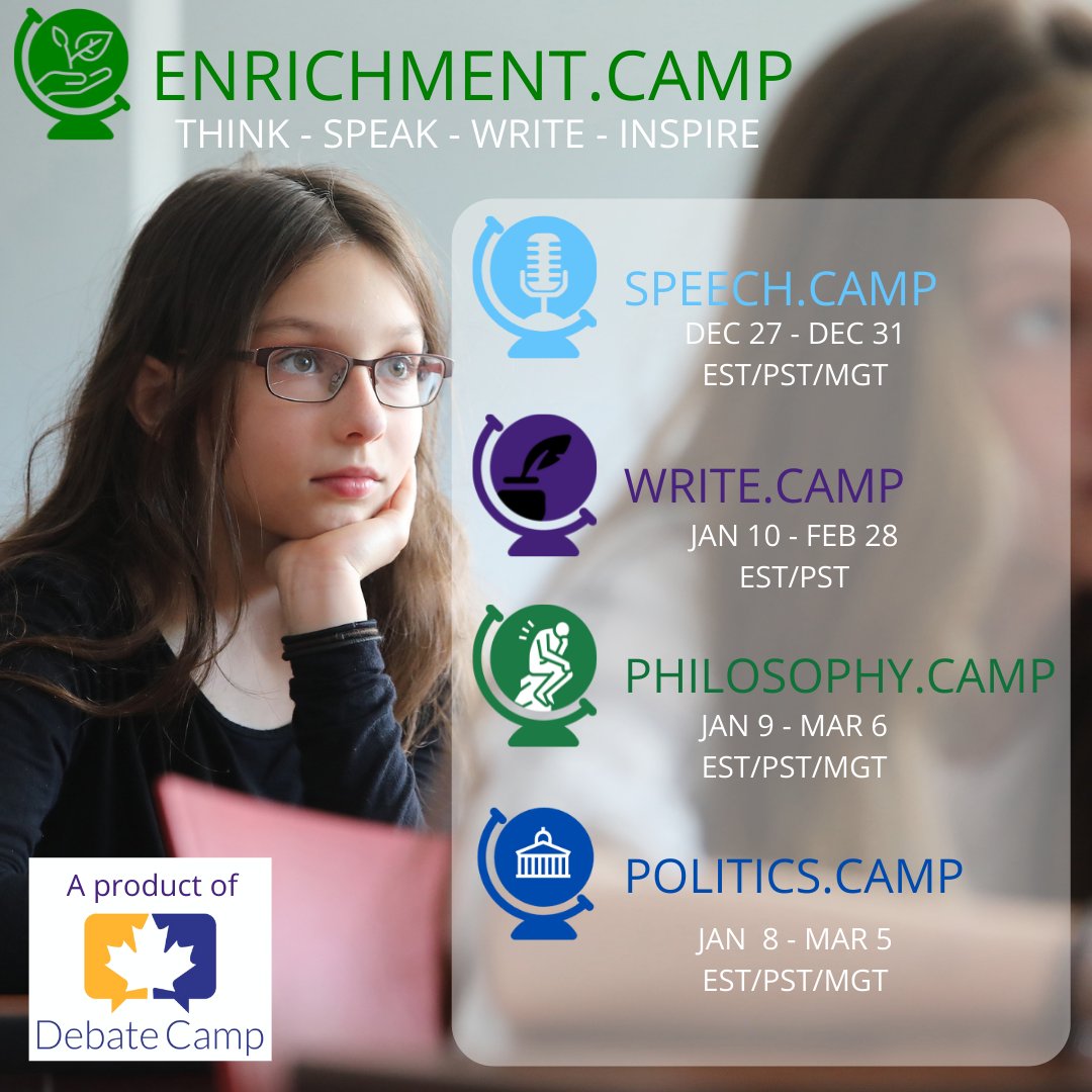 camp_debate's tweet image. Debate Camp is now introducing ENRICHMENT.CAMP - a suite of program offerings meant to engage young minds. New programs launch this December &amp;amp; January. 
Learn more at enrichment.camp. 

#enrichmentcamp #speechcamp #writecamp #philosophycamp #politicscamp