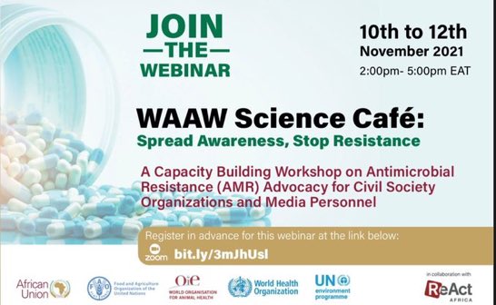 Join us from 10 to 12 Nov 2021 for our pre #WAAW2021 event with CSOs and Media Personnel on #AMR #AfricanUnion  <a href="/au_ibar/">AU-IBAR</a> <a href="/AfricaCDC/">Africa CDC</a> <a href="/OIEAnimalHealth/">OIEAnimalHealth</a> <a href="/WHOAFRO/">WHO African Region</a> <a href="/UNEP_Africa/">UN Environment Programme in Africa</a> <a href="/FAOAfrica/">FAO in Africa</a>