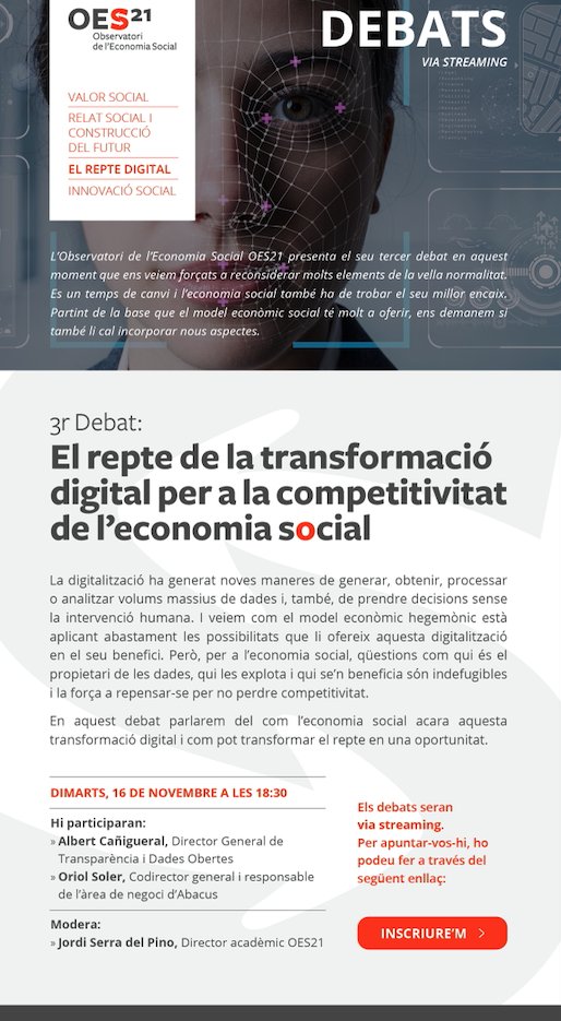 La propera setmana, dimarts 16 a les 18:30, tornem amb un altre debat. Aquest cop sobre “El repte de la transformació digital per a la competitivitat de l’economia social”. Amb <a href="/AlbertCanig/">Albert Cañigueral</a> i <a href="/OriolSoler/">Oriol Soler</a>. Per streaming i us hi podeu apuntar aquí: docs.google.com/forms/d/e/1FAI…