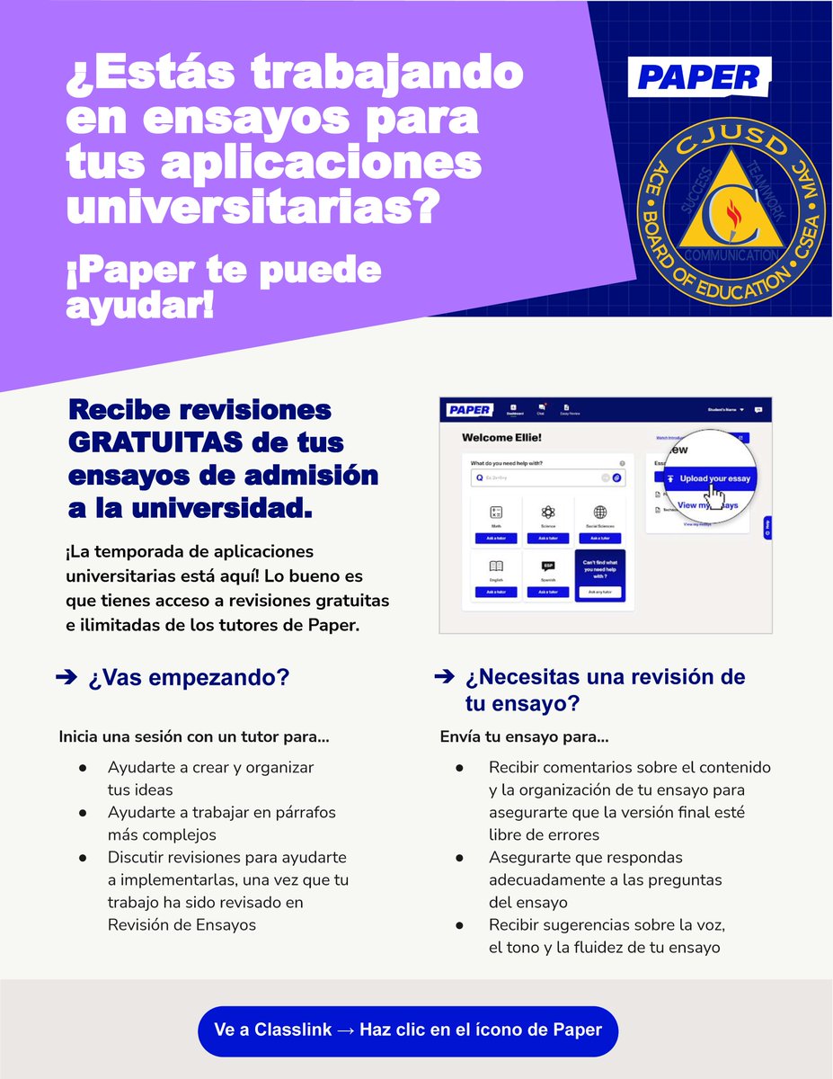 Seniors! Paper can help with those college application essays! Whether you're just getting started or you need someone to review your essay and give feedback, log in to Classlink and click on the paper icon. <a href="/CHSJackets_/">Colton High School</a> <a href="/BHSBruinsCA/">BHSBruins</a> <a href="/GrandTerraceHS/">Titans</a>  <a href="/SMHS_CJUSD/">Slover Mountain High School (Continuation)</a>