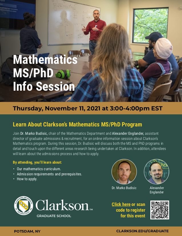 ClarksonMath's tweet photo. If you or your students are interested in a MS or PhD degree in Mathematics, with emphasis on applied math. research topics, please visit https://t.co/n22I3e4tgt . We will have several virtual info sessions (including this Thu). Apps for TA spots are due by Jan 31. Please RT! https://t.co/2u8xUOy9Z0