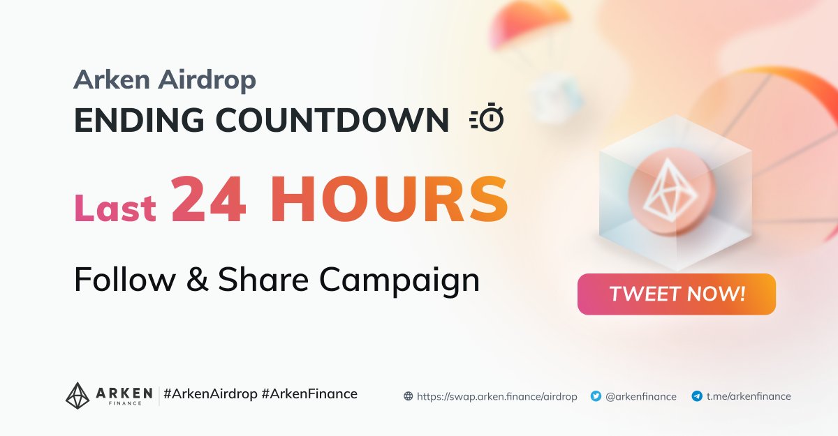 ArkenFinance's tweet photo. 🪂 Last 24 hours to go for Follow &amp; Share Campaign! Don't miss this splendid chance to win 100,000 $ARKEN prize pool.💰

Just follow us and TWEET now!⤵️
https://t.co/MhnpIsMccB

#ArkenFinance #ArkenAirdrop https://t.co/ah3kS2C1Nn
