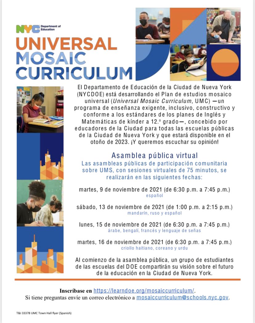 NycLearning's tweet photo. Attend the Universal Mosaic Curriculum Citywide Town Halls! Join us &amp; share your input!
🗓️ November 9, 13,15, or 16, 2021
⏰6:30-7:45pm (weekday) or 1:00-2:15pm (weekend).
✅ Register now: https://t.co/04bWEgqsFg
❓Any inquiries: mosaiccurriculum@schools.nyc @NYCTCP https://t.co/3Xroh2OuVH