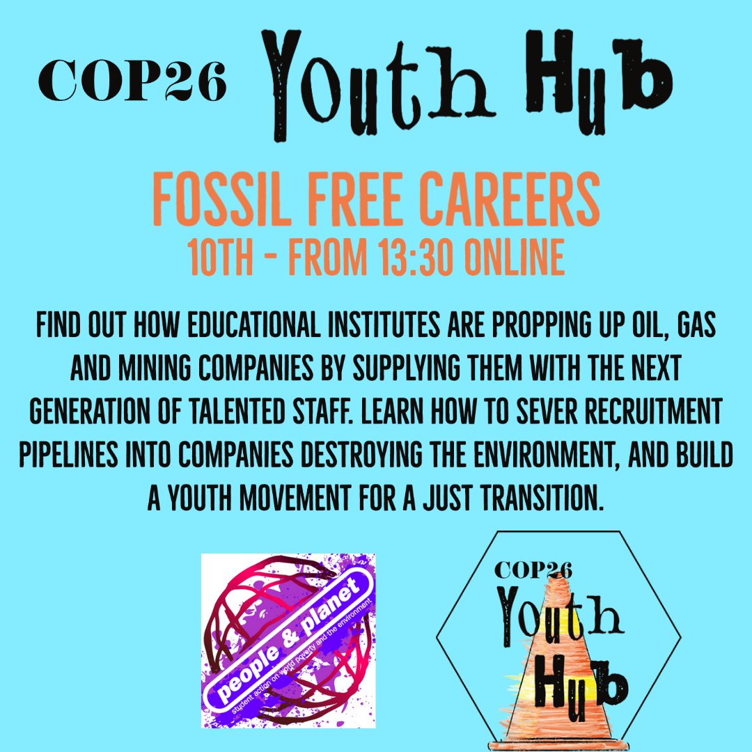 Young FoE Scotland (@yfoes) on Twitter photo 🗣️Calling all uni students in Glasgow and beyond!
Join us tomorrow for an online workshop with <a href="/peopleandplanet/">People & Planet</a> to learn about fossil free careers and smashing fossil fuel and mining recruitment pipelines at your university! #COP26
eventbrite.co.uk/e/fossil-free-… 🗣️Calling all uni students in Glasgow and beyond!
Join us tomorrow for an online workshop with <a href="/peopleandplanet/">People & Planet</a> to learn about fossil free careers and smashing fossil fuel and mining recruitment pipelines at your university! #COP26
eventbrite.co.uk/e/fossil-free-…