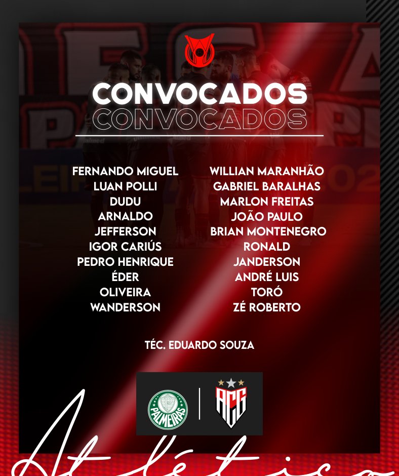 Confira a lista dos jogadores do Dragão relacionados para este duelo diante do Palmeiras. Fonte: Atlético-GO/Twitter