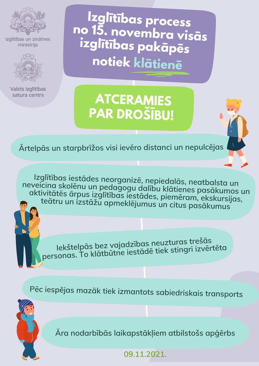 ❕No 15.novembra izglītības process visās pakāpēs atkal notiks klātienē! Tomēr atceramies un stingri ievērojamam drošas skolas pamatprincipus - maskas, distancēšanās, telpu vēdināšana, higiēna, testēšana. ℹ️ ej.uz/wck2