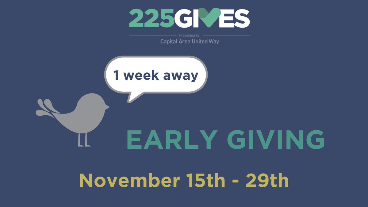225Gives's tweet photo. Early Giving for 225Gives starts next week from Monday, November 15th - 29th.  Those nonprofits who receive Early Giving donations will be eligible for prizes to be given out on 225Gives day - Tuesday, November 30th.  Visit https://t.co/kA1uyMACA6 to learn more. https://t.co/szZce89MVY
