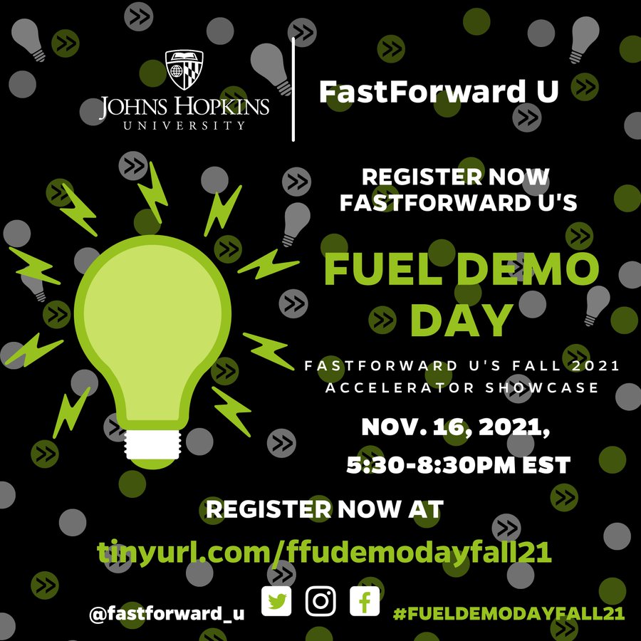 JHTechVentures's tweet photo. @FastForward_U βs Demo Day is 1 week away! Tune in virtually as seven Fuel cohort teams compete for a chance to win big! https://t.co/huvTTMY3kA #innovationstartshere #fastforwardu https://t.co/x8iNSIujJD