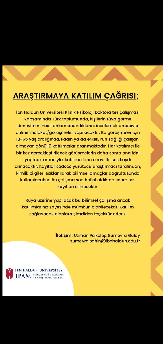 Araştırmaya Katılım Çağrısı Kliniğimizde doktorasını yapmakta olan Uzm. Psk. Sümeyra Gülay'ın yürüttüğü rüya görme deneyimi üzerine bilimsel araştırma için gönüllü 'erkek' katılımcı ihtiyacı vardır. Araştırmaya katılarak destek olmak için: bit.ly/RuyaDeneyimi