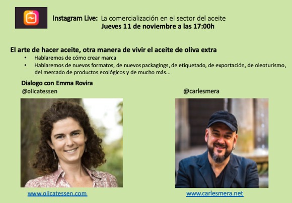 Otra manera de vivir el aceite de oliva extra 👉Esperamos tu participación en el LIVE del Jueves 11 con @EmmaRovira  de <a href="/olicatessenpac2/">olicatessenpac2</a>
Hablaremos de: #branding #comercializaciónaceite, Nuevos formatos, packagings, etiquetado
#exportaciónaceite #aceiteturismo.....y de mucho más.