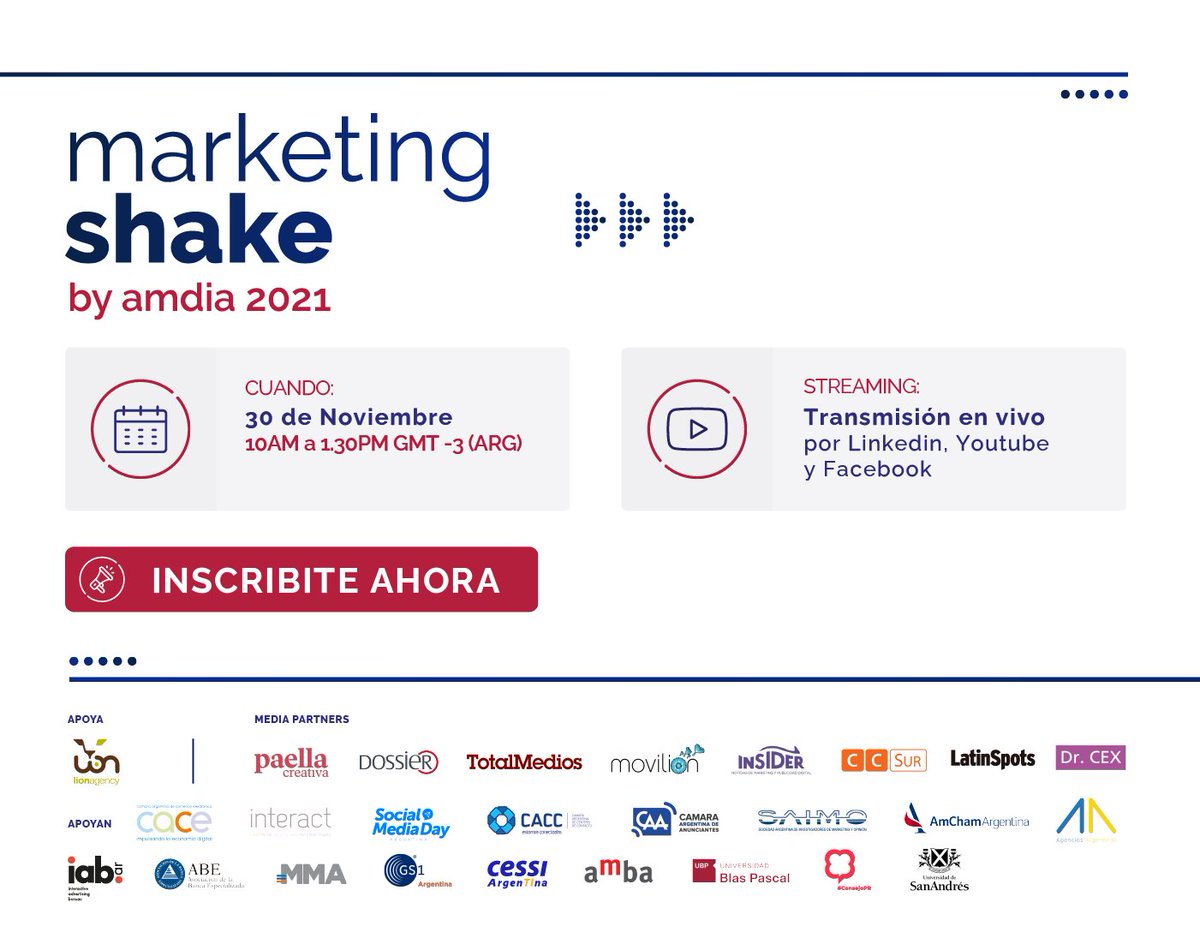 Se viene el #MarketingShake 2021 organizado por @AMDIAweb el próximo 30/11 a las 10 hs.
Inscribite gratis ➡️ mktshake.com