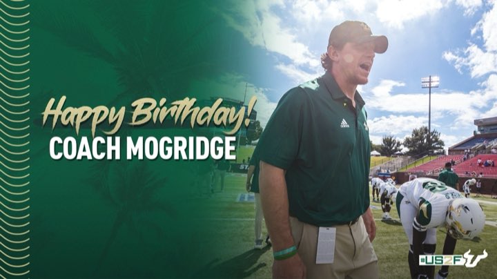USFFootball's tweet photo. Happy Birthday, @coachmogridge!💚🎉 
#USF2F 🤘 https://t.co/QEHiJTR3Oa