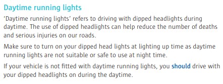 RSAIreland's tweet image. Make sure to turn on your dipped head lights at lighting up time as daytime
running lights are not suitable or safe to use at night time.
For more information on #DaytimeRunningLights check out Section 5 of the #RulesOfTheRoad #RotR bit.ly/30hNzbX