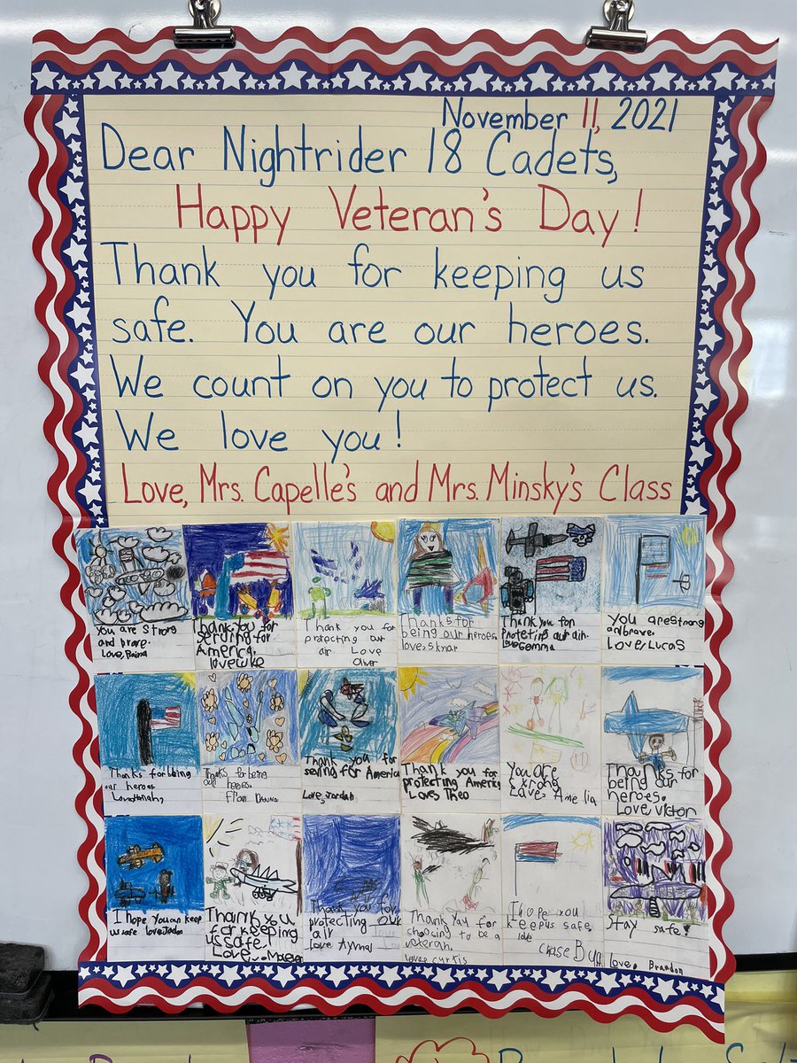 Students learn about the importance of Veteran’s Day and write a message to a special group of Air Force Academy cadets. <a href="/Hampton_Street/">Hampton Street</a> <a href="/roeart/">r</a> #mineolaproud <a href="/miss_ward/">Brittany</a>