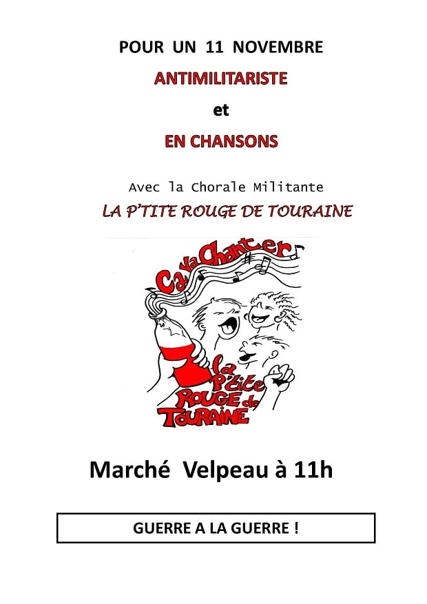 ucl37's tweet photo. La #chorale militante La P'tite Rouge de Touraine vous invite à participer au 11 novembre #antimilitariste à #Tours place du marché Velpeau à 11h @librepensee12 @lpstmalo @CapitaineRossel @M4Louise64 @ericviot @TESTANIEREC @MichelGodicheau @UDCGT37 @Snudi3 @ToursInsoumise @afpfr https://t.co/4QmW9QID4c