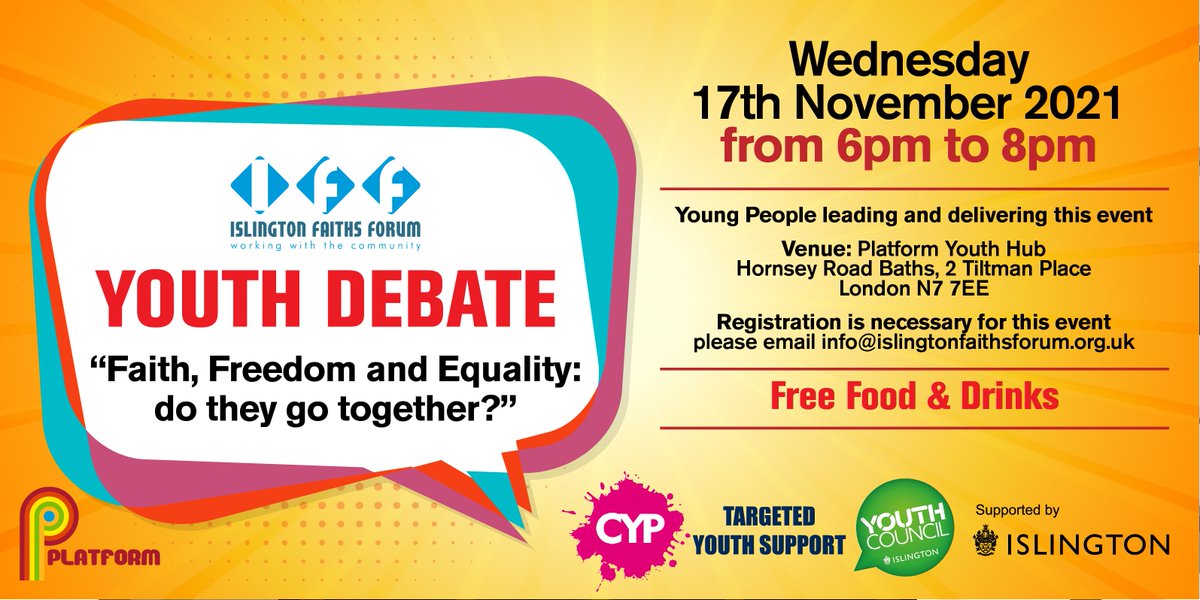 IFForum1's tweet image. Come and join us for the Youth Debate on Wed. 17th November from 6pm @ Platform Youth Hub – for all ages – and hear young people debate “Faith, Freedom and Equality: do they go together?” More info below.