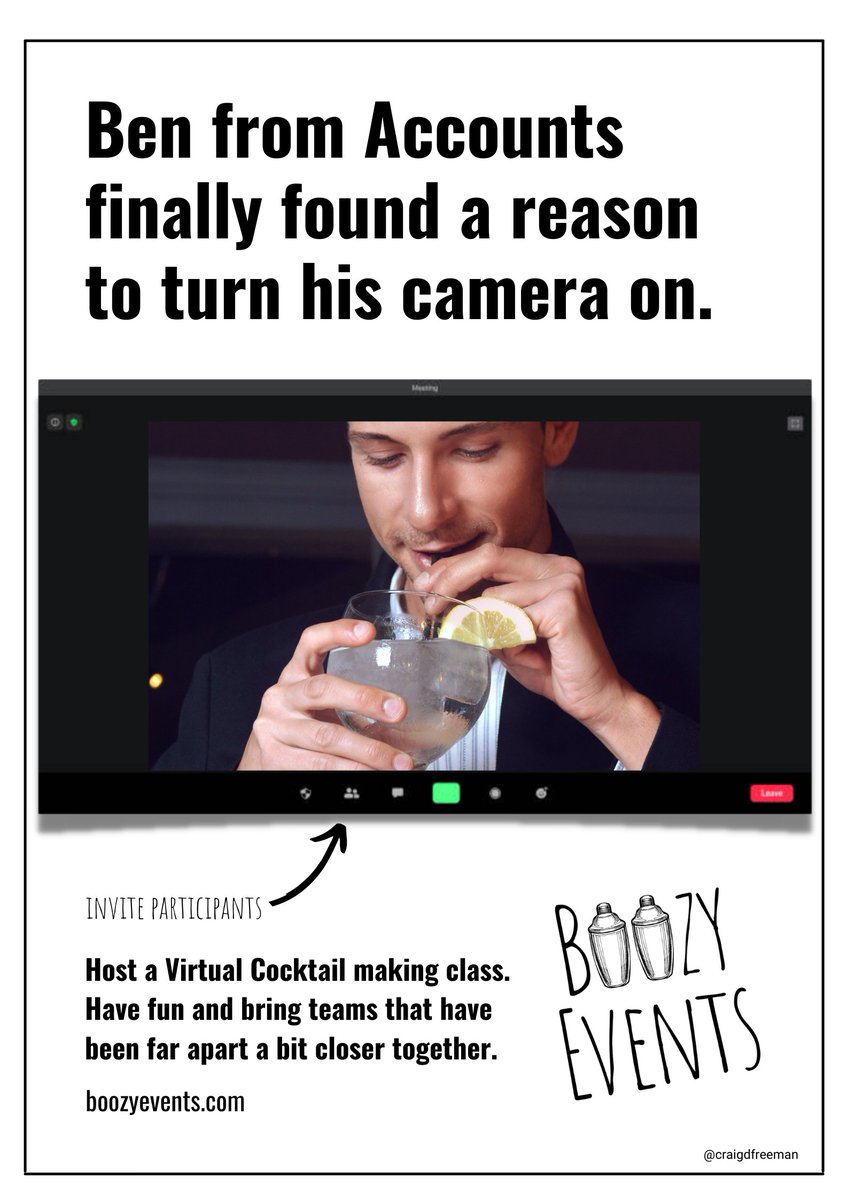 craigdfreeman's tweet photo. Ben from Accounts finally found a reason to turn his camera on.

Entry for today's @OneMinuteBriefs with  @BoozyEvents to promote their virtual cocktail classes #BoozyEvents https://t.co/DKos7zdnkr