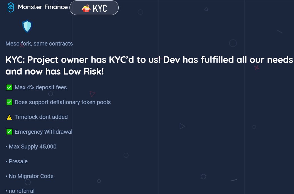 jagosafer's tweet photo. 🛡KYC: Project owner has KYC’d to us! Dev has fulfilled all our needs and now has Low Risk!

🔥Our congratulations Monster Finance!
https://t.co/5IAq3F8v0s
Website https://t.co/B1Huv59oCi https://t.co/uyfWNnNbH6