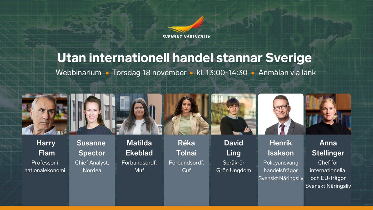 Det här blir kul!
Hör 3 ungdomspartier om deras syn på handel. Positiv - eller har Corona, självförsörjning &amp; närodlat ändrat deras syn?
Med Harry Flam <a href="/SusanneSpectr/">Susanne Spector</a> <a href="/MatildaEkeblad/">Matilda Ekeblad</a> <a href="/TolnaiReka/">Réka Tolnai</a> <a href="/_davidling/">David Ling</a> 
<a href="/setradepolicy/">Swedish Trade Policy</a> <a href="/cuf/">CUF</a> <a href="/mufswe/">MUF</a> <a href="/GronUngdom/">Grön Ungdom</a> 
Anmälan svensktnaringsliv.se/sakomraden/int…