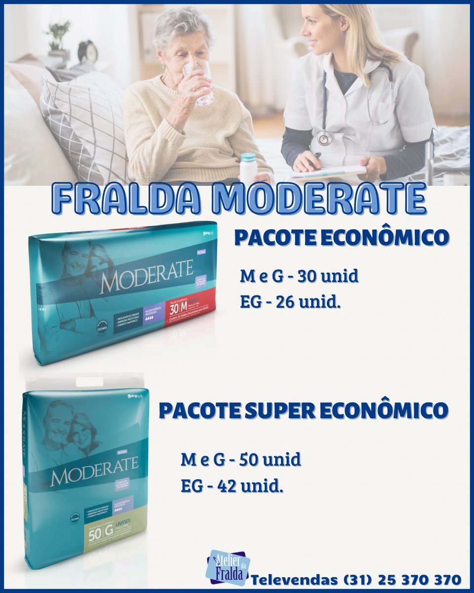 AtelierdaFralda's tweet photo. FRALDA MODERATE 

🔹PACOTE ECONÔMICO 

M e G - 30 unid.    EG - 26 unid

🔹PACOTE SUPER ECONÔMICO 

M e G - 50 unid.   EG - 42 unid.

- FITAS ADESIVAS REPOSICIONÁVEIS

- indicador de umidade

- barreiras elásticas antivazamento,

- indicado para incontinência leve a moderada, https://t.co/weZA8r7SRc