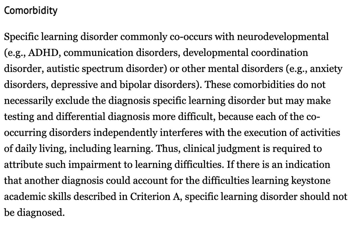larchiba6's tweet photo. Working on a #DLDToolbox entry on #DevLangDis &amp; Specific Learning Disorder. Read entire DSM5 entry on both today &amp; finally found this helpful information:
SLD commonly co-occurs with communication disorders. This doesn't necessarily exclude SLD diagnosis makes it more. difficult. https://t.co/ls0Ca3wNNr