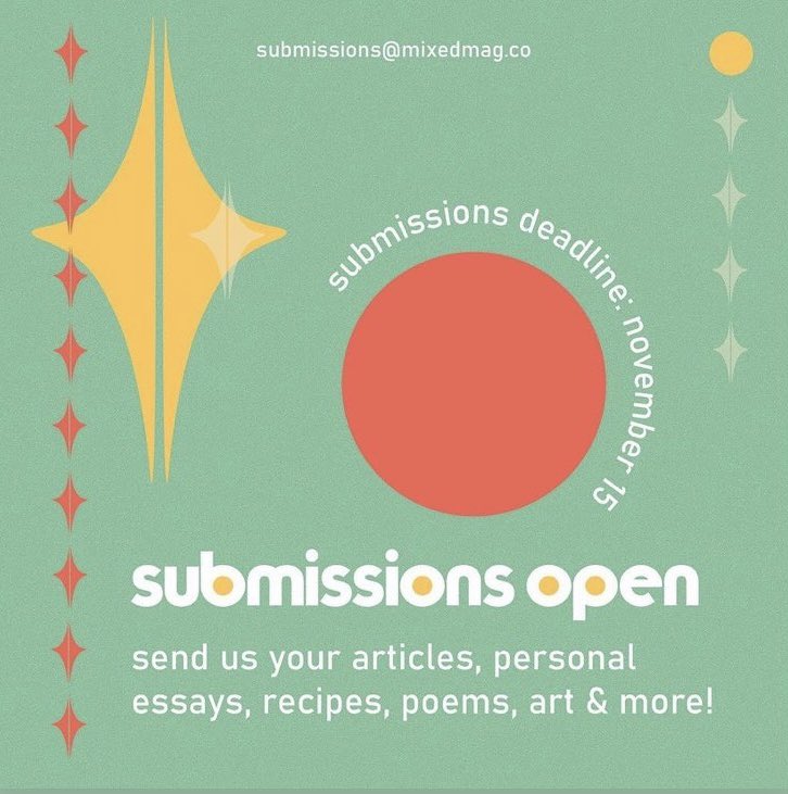 Submissions for Issue 12 are open until 11/15! Send us your fiction, CNF, poetry, music, art, recipes, essays, etc