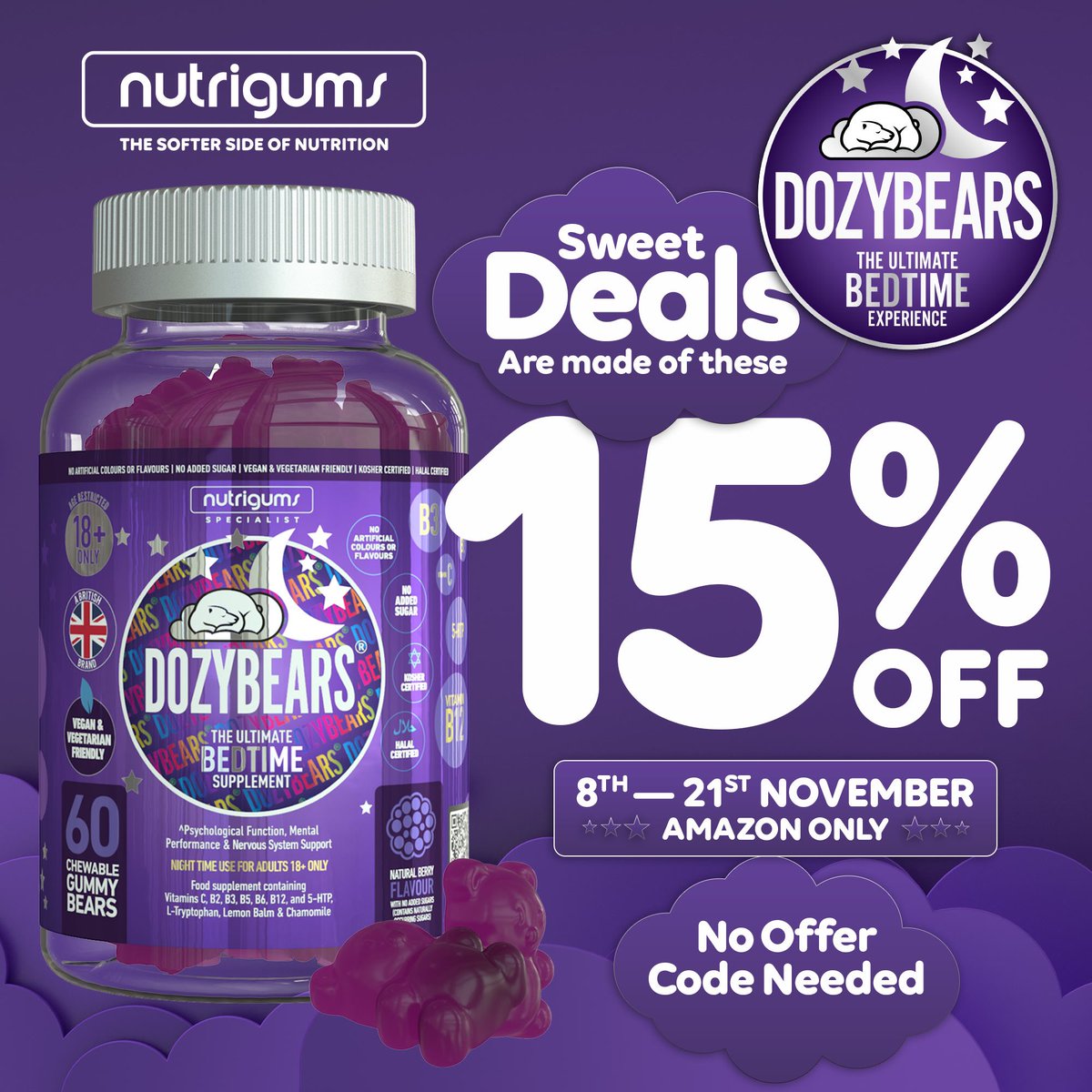 NutrigumsUK's tweet photo. Have you heard?👀

From now until November 21st, you can enjoy 15% off of our Dozybears Gummies when purchased on Amazon🎉

Perfect for a good’s night sleep, why wouldn’t you want to try them for yourself?💭💤

Click the link below to get yours now👇🏼
https://t.co/Ikhjq8lJRz https://t.co/F294nGKmLS
