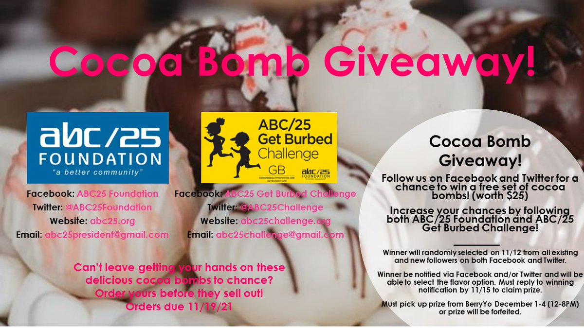 Cocoa bomb giveaway! Follow @ABC25Foundation and @abc25challenge on Twitter and Facebook for a chance to win! See details below. Can't leave it to chance? Order now: my.cheddarup.com/c/cocoa-bombs-…